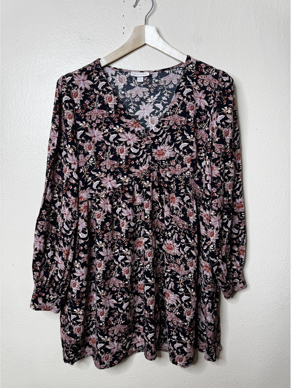 Knox Rose Floral Babydoll Dress Women’s XL Black Boho Rayon Long Sleeve Midi